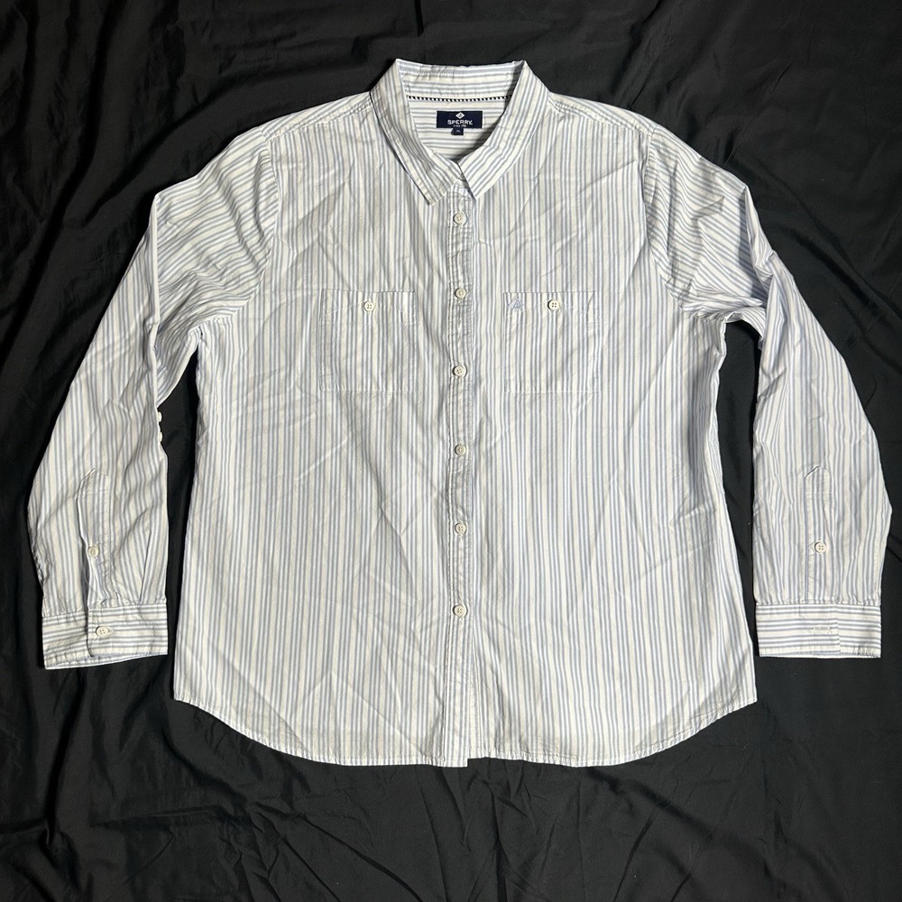 Sperry Top Sider XL Blue White Striped Button Down Casual Beachy Mens Adjustable